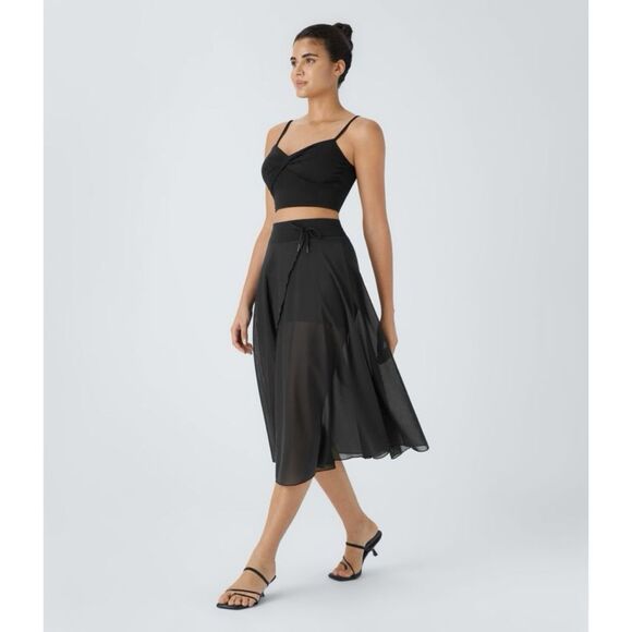 Halara High Waisted Drawstring Contrast Mesh Flowy midi Flare Casual Skirt - Picture 7 of 9
